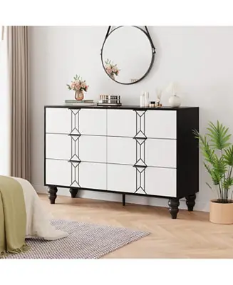 Buy Online 6-Drawer Modern Wooden Dresser, Vintage Pattern Chest, Deep Drawers Bedroom Storage, Living Room, Entryway