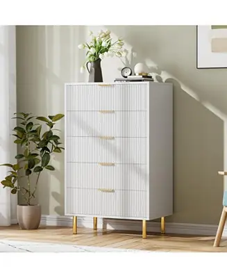 5-Drawer Modern White Dresser, Wood Chest Organizer with Gold Handle, Tall Cabinet for Bedroom, Living Room, Entryway Place Order