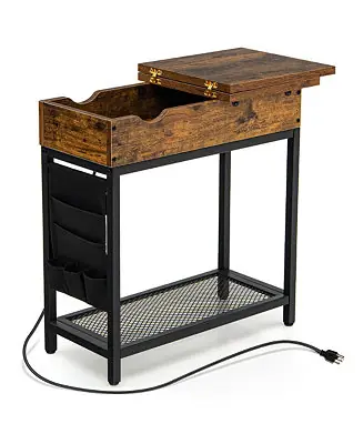 End Table with USB Charging Station, Flip Top, Side Pocket – Industrial Nightstand Direct From Manufacturer