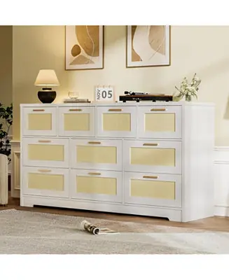 Hot Picks 10 Drawer Dresser for Bedroom, 59'' Rattan Dresser TV Stand for 55, 65, 70 TVs