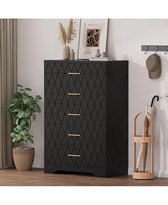 5 Drawer Tall Wood Dresser for Bedroom, Wooden Chest of Drawers with Gold Handles for Closet Free Shipping
