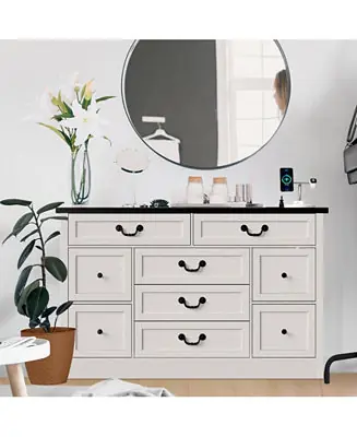 Dresser with Power Outlet, Farmhouse Dresser with Metal Handle High Quality