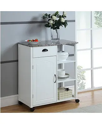 Flash Sale Marble Vinyl Top Kitchen Storage Cabinet Cart with Drawer, Shelves, and Wheels