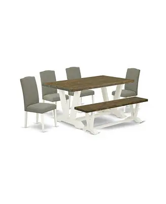 6-Piece Rectangular Dining Table Set with Bench and Linen Parsons Chairs Free Shipping