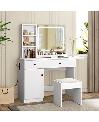 Premium White Vanity Desk with LED Lighted Mirror & Power Outlet, Makeup Vanity with Drawers & Cabinet & Chair