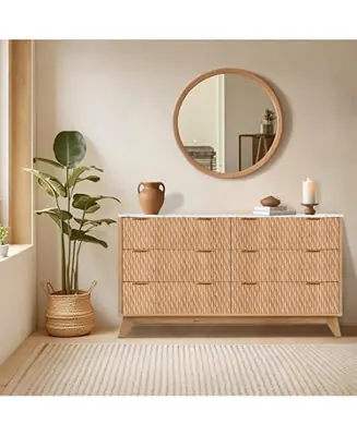 Clearance Fluted 6-Drawer Dresser With Faux Marble Top, Modern Curved TV Stand,Sturdy Storage Cabinet for TVs Up to 55"