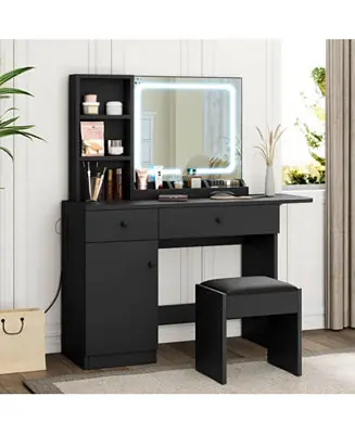 Black Vanity Desk with LED Lighted Mirror & Power Outlet, Makeup Vanity with Drawers & Cabinet & Chair Luxury