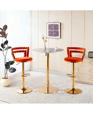 Modern Gold Bar Table Set with 2 Adjustable Stools, Round Marble Pub Table In Demand