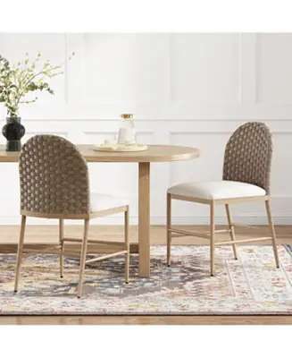 Farmhouse Upholstered Dining Chairs Set of 2, Armless Iron Side Chair with Rattan Back, Brown Hassle-Free Returns