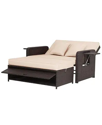 Rattan Daybed Lounge w/ Retractable Top Canopy Side Tables Cushions Off Patio Holiday Sale