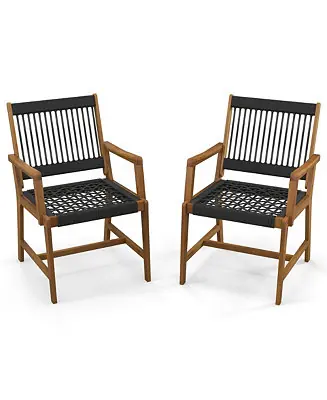 Genuine Patio 2pcs Acacia Wood Dining Chairs All-Weather Rope Woven Armchairs Outdoor