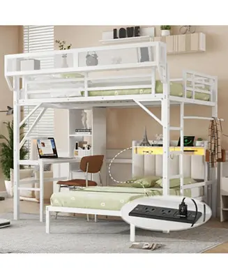 Fresh Stock Full/Twin Metal Bunk Bed w/ Desk, Bookshelves, LED, Charge - White
