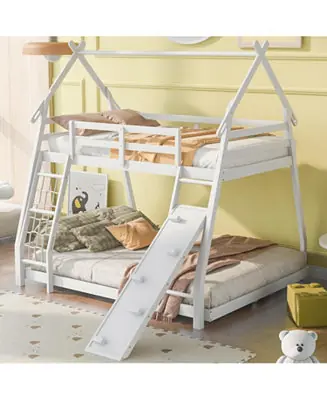 Today Only Twin over Queen House Bunk Bed with Climbing Nets and Climbing Ramp, White