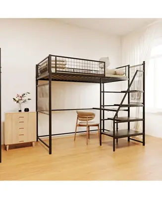 Hot Deal Twin sized loft metal bed with black for bedroom and dormitory, with built-in charging station and LED lighting