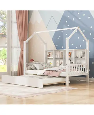 Wooden Twin House Bed with Trundle & Shelf Modern