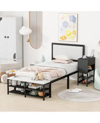 Twin size Metal Platform Bed with Two-Tier Storage Shelves, Wooden Storage Cabinet Deal