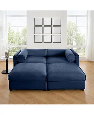 Blue Chenille 2-Seater Sofa with Storage Ottomans Top Pick