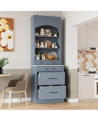 83" Freestanding with Faux Marble Top and 5 Drawers Kitchen Pantry Cabinet Affordable