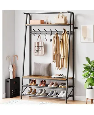Final Sale Coat Rack Shoe Bench, 4-in-1 Hall Trees Entryway Bench with Coat Rack and Shoe Rack, Wood Look Accent Furniture with Steel Frame Storage Shelf and Hanging Bar, Industrial