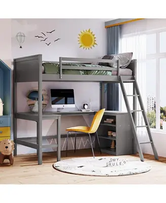 Best Choice Twin Size Loft Bed With Shelves And Desk, Wooden Loft Bed With Desk