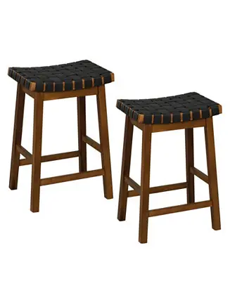 Faux PU Leather Bar Height Stools Set of 2 with Woven Curved Seat-25 Inches Premium