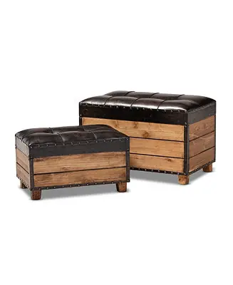 Marelli Rustic Dark Brown Faux Leather Upholstered 2-Piece Wood Storage Trunk Ottoman Set Bulk Order