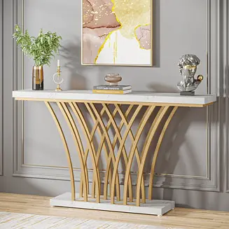 Hot Picks Modern Gold Console Table with Grid-Shaped Metal Base and 59-Inch Faux Marble Top for Entryway, Hallway or Living Room