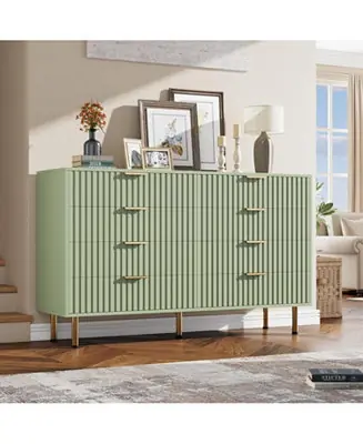 Limited Edition 8-Drawer Modern Fluted Green Dresser, 55 Inch Wide Chest, Deep Drawers, Large Organizer for Bedroom, Living Room, Kids Room