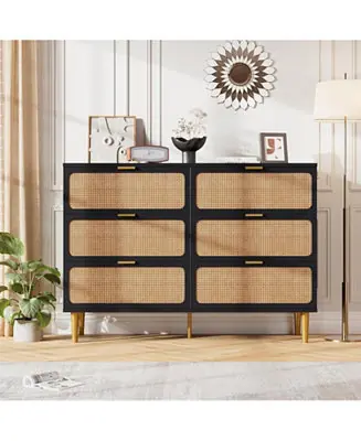 6-Drawer Rattan Dresser, Wide Top, Large Double Chest for Bedroom, Closet, Living Room Trusted Brand