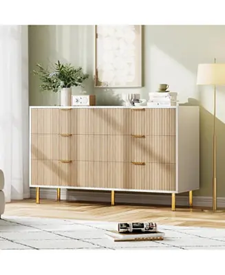 6-Drawer Modern Natural Dresser, Gold Handle, Wide Double Chest, Large Drawer Storage Organizer for Bedroom, Living Room, Entryway Bargain