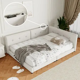 Today Only Queen Size Upholstered linen fabric Platform Bed With USB Ports