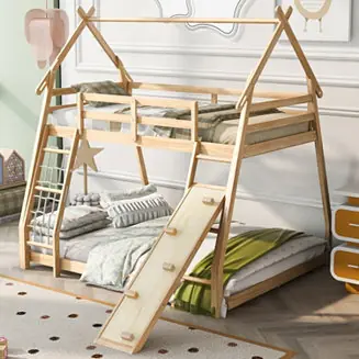 Twin Over Queen House Bunk Bed With Climbing Nets And Climbing Ramp Special Offer