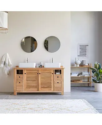 Factory Price Solid Natural Teak Wood Vanity Cabinet Wash-stand Bathroom Wash Unit Design