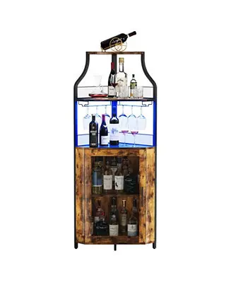 Secure Checkout Corner Bar Cabinet with LED Lights, Industrial Liquor Cabinet with Adjustable Shelf, 5-Tier Industrial Wine Cabinet with Glass Holder, Home Bar Cabinet, Coffee Bar Cabinet