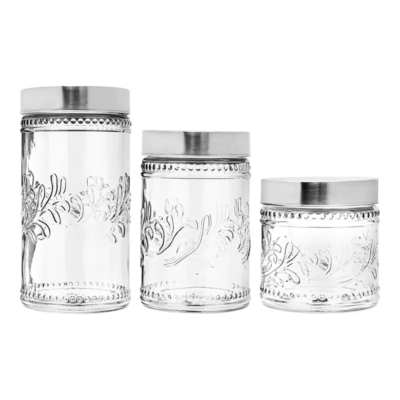 Stylesetter 3-Piece Fleur de Lis Round Glass Canister Set with Stainless Steel Lids by Jay Companies 303255-RB New Release
