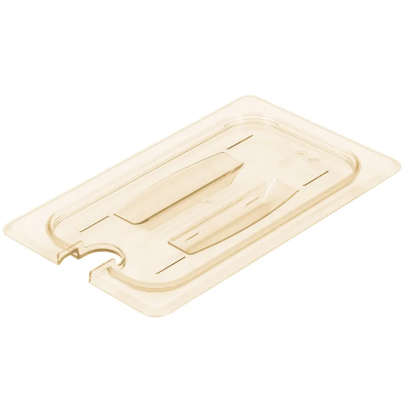 Genuine Cambro 40HPCHN150 H-Pan™ 1/4 Size Amber High Heat Handled Flat Lid with Spoon Notch