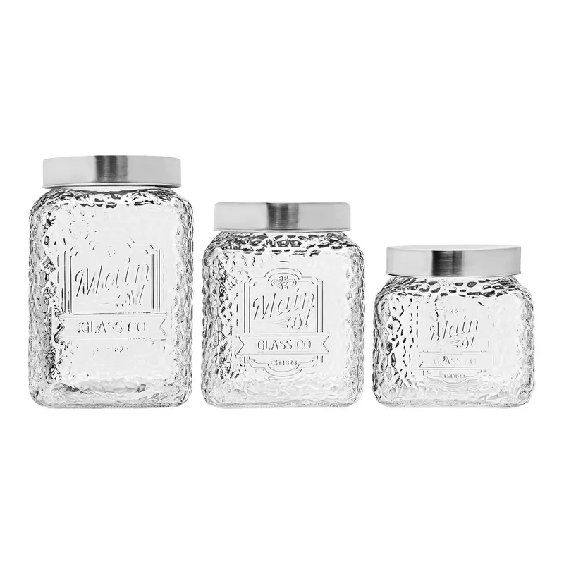 Bargain American Atelier 3-Piece Main Street Hammered Square Glass Canister Set with Stainless Steel Lids by Jay Companies 403504-RB