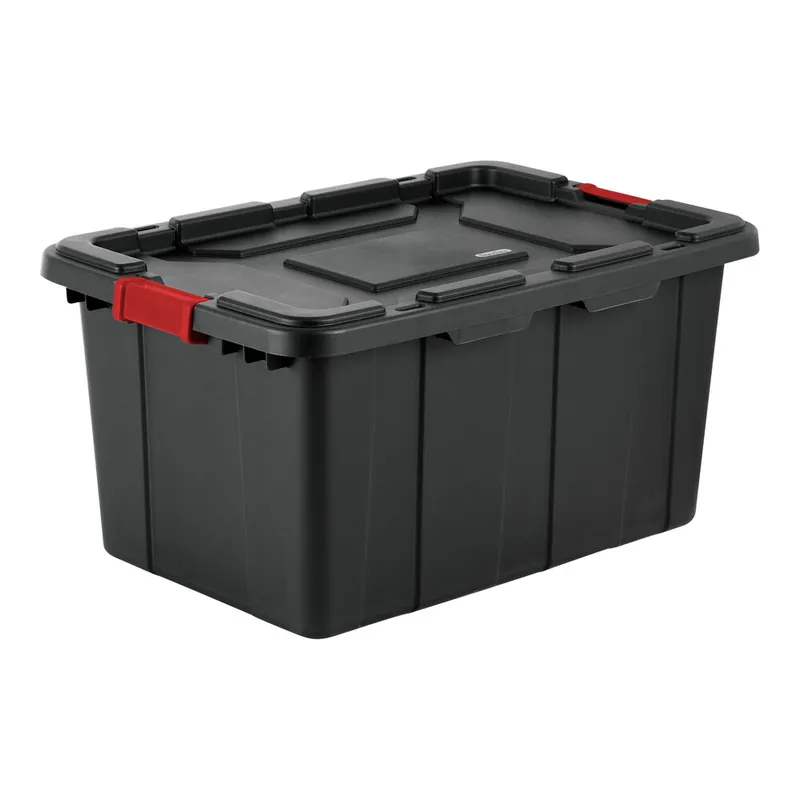 Handmade Sterilite 27 Gallon Black Industrial Storage Tote with Red Handle Lid 14669004 - 4/Case