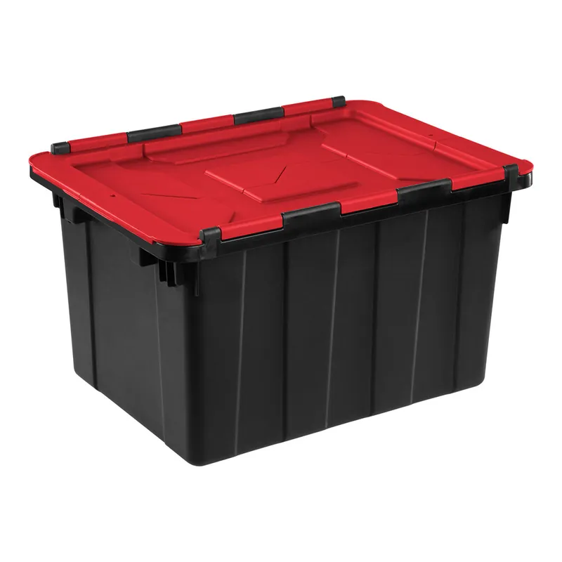 Fresh Stock Sterilite 12 Gallon Black Industrial Storage Tote with Red Hinged Lid 14619006 - 6/Case