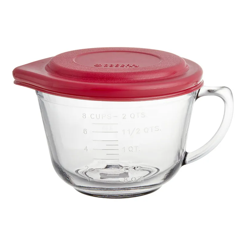 Authentic Anchor Hocking 2 Qt. Glass Measuring Cup / Batter Bowl with Red Lid 91557L20 - 4/Case