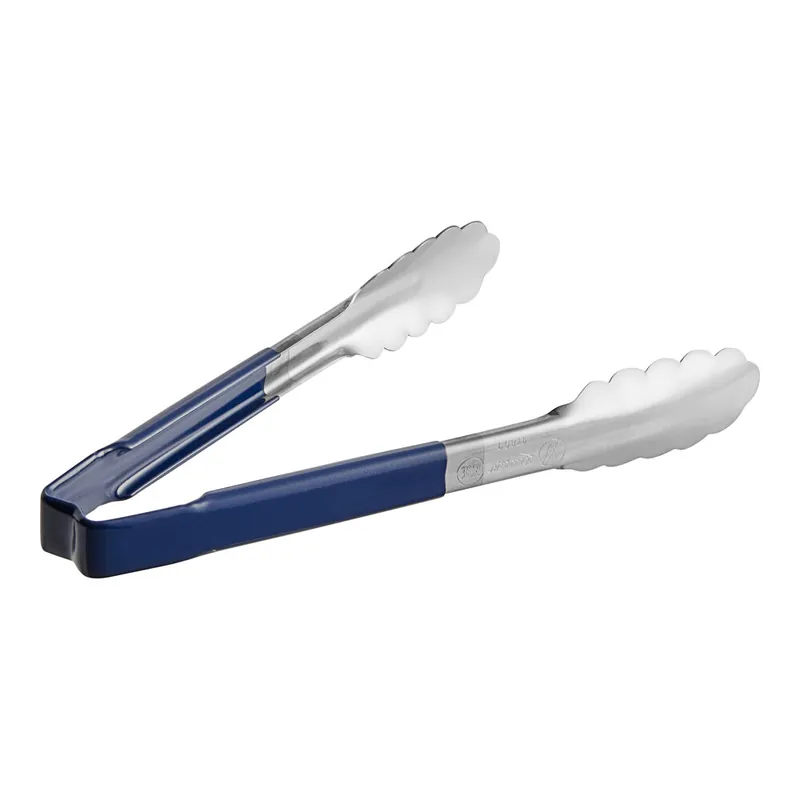 Vollrath 4780930 Jacob's Pride® 9 1/2" Stainless Steel Scalloped Tongs with Blue Coated Kool-Touch® Handle Sale