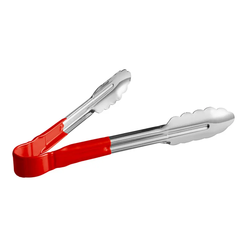 Carlisle 60756005 9 1/2" Stainless Steel Scalloped Tongs with Red Dura-Kool Handle Luxury