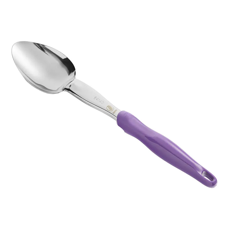 Premium Vollrath 6414080 Jacob's Pride® 13 13/16" Heavy-Duty Solid Basting Spoon with Purple Allergen-Free Ergo Grip Handle