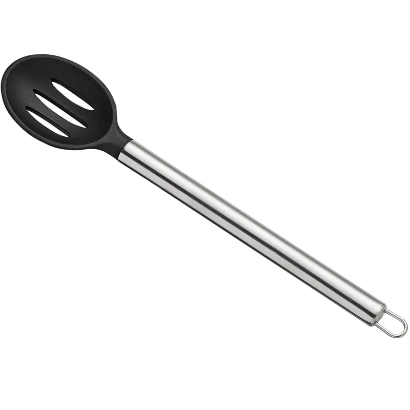 TableCraft CW401 13" Slotted High Heat Black Silicone Spoon with Stainless Steel Handle Crafted