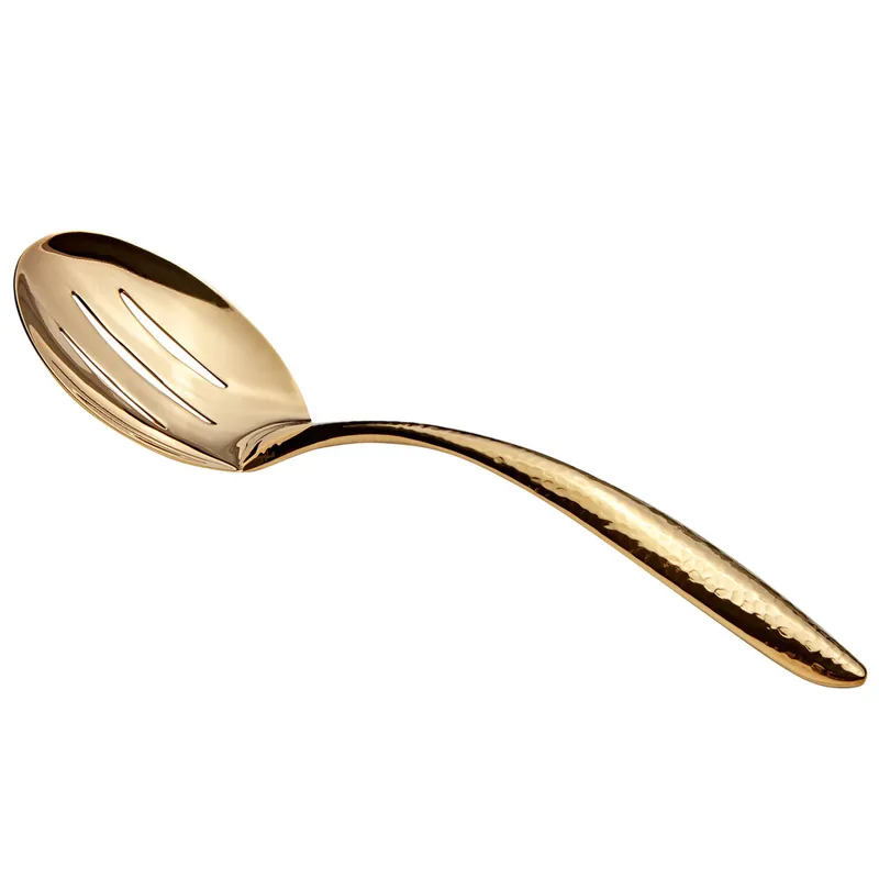 Bon Chef 9464HFG 9 3/4" Gold Hammered Stainless Steel Slotted Serving Spoon with Hollow Cool Handle Weekend Sale
