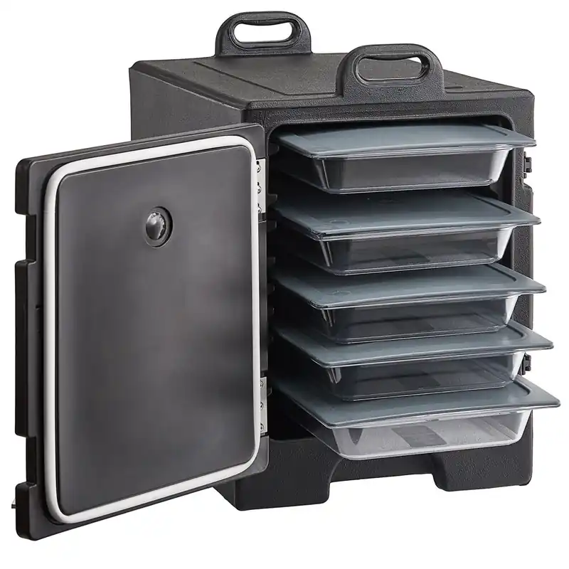 Latest CaterGator Black Front Loading Insulated Food Pan Carrier with Vigor Plastic Food Pans and Lids - 5 Full-Size Pan Max Capacity