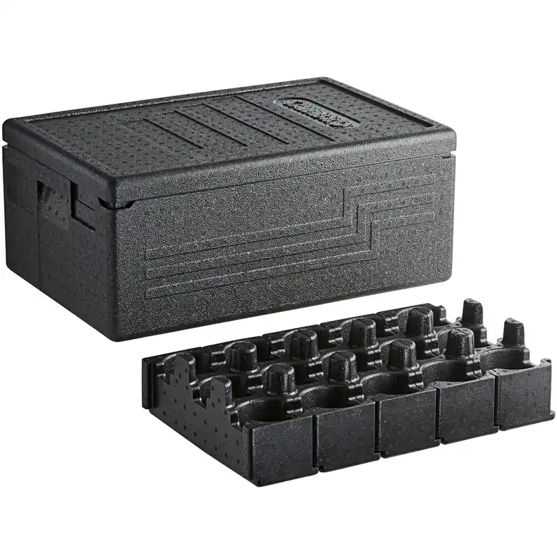 Cambro Cam GoBox® Black Top Loading EPP Insulated Food Pan Carrier with Cup Holders (15 Compartment) - 6" Deep Full-Size Pan Max Capacity Trusted Brand