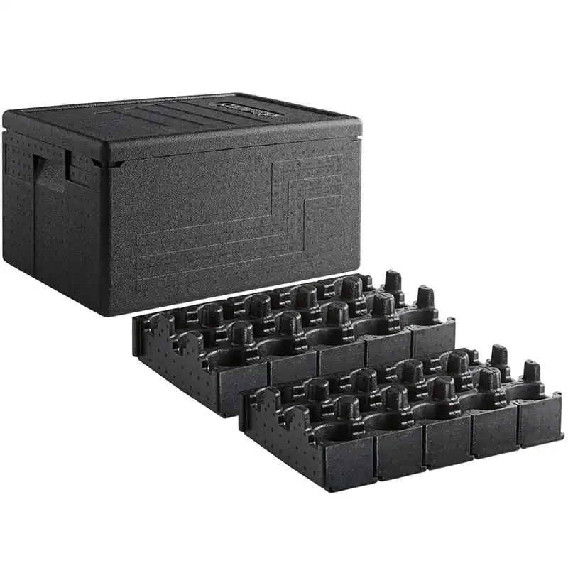 Cambro Cam GoBox® Black Top Loading EPP Insulated Food Pan Carrier with Cup Holders (30 Compartment) - 8" Deep Full-Size Pan Max Capacity Handmade