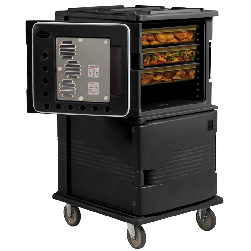 Professional Grade Cambro UPCHT1600HD110 Ultra Camcart® Black Electric Hot Top / Passive Bottom Food Holding Cabinet in Fahrenheit with Heavy-Duty Casters - 110V