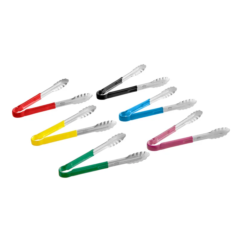 Same Day Shipping Choice 12" HACCP Color Coated Handles Stainless Steel Scalloped Tongs - 6/Set